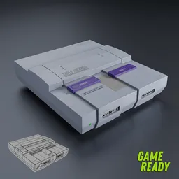 "Lowpoly Super Nintendo console 3D model with 4k textures and LED control material for Blender 3D projects. Comes with two controllers and intricate details inspired by An Gyeon, rendered in Redshift."