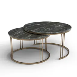 Circular marble-topped 3D nesting coffee tables with gold metal frames, created in Blender.