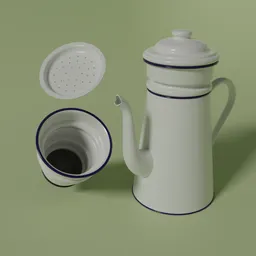 Detailed 3D render of a vintage enamel coffee pot, lid and filter, optimized for Blender.
