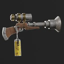 "Stylized Fantasy Shotgun with Gas Pump - BlenderKit 3D Model for Equipment Category. Ideal for Mobile Game Assets and Fortnite Characters. Features Symmetrical Design and Unique Cannon Mount on the Back."