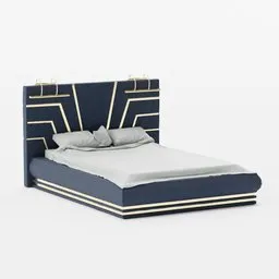 High-quality 3D model of a modern navy blue bed with gold lines, compatible with Blender, perfect for virtual interior design.