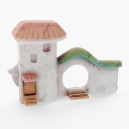 "Get a glimpse of the past with this collectible figurine of an old house, sculpted in Blender 3D. Inspired by Pedro Álvarez Castelló, this unique design features pastel colors and a green and brown roof. Its white ceramic shapes and marble hole add a touch of elegance to any display."