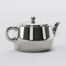 Highly detailed Blender 3D chrome teapot, perfect for rendering in modern kitchen scenes.
