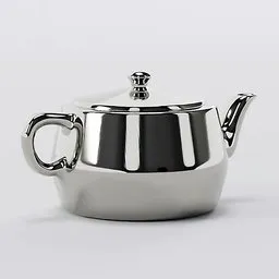 "Silver chrome metal teapot model for Blender 3D, featuring hyper-realistic metallic reflections and inspired by artists Petr Brandl and Hariton Pushwagner. Perfect for kitchen appliance 3D modeling projects."