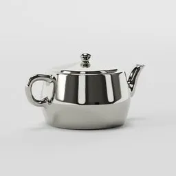 "Silver chrome metal teapot model for Blender 3D, featuring hyper-realistic metallic reflections and inspired by artists Petr Brandl and Hariton Pushwagner. Perfect for kitchen appliance 3D modeling projects."