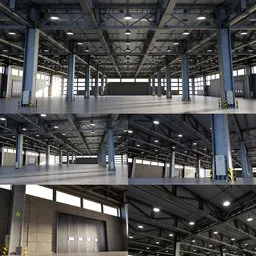 Empty modern industrial warehouse 3D model with adjustable materials and lighting, optimized for Blender cycles render.