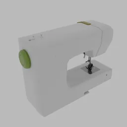 A white sewing machine with a metal and green handle, modeled in Blender 3D. This machine features cute oversized hardware and simplified forms, making it a great addition to any 3D modeling project or visualization. Ideal for those searching for machine or sewing-related 3D models.