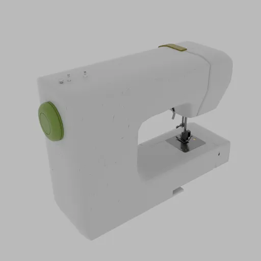 Detailed 3D model of a modern white sewing machine with green accents for Blender rendering.