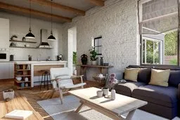 Elegant kitchen with living area and garden view