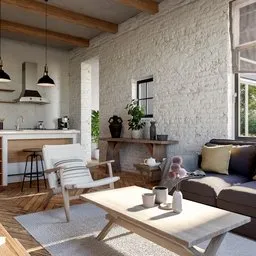 Elegant kitchen with living area and garden view