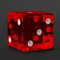 Realistic translucent red dice with white dots rendered in Blender 3D, showing detailed refraction and shadows.