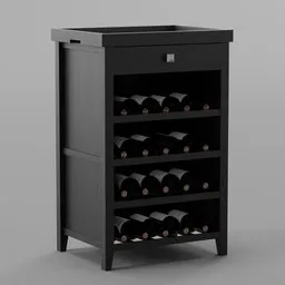 "3D model of a stylish cellar cabinet with a wine rack and bottles, rendered in high-definition 8k resolution using Blender 3D. Perfect for furniture design and interior scenes, this jet black tuffe coat-covered chest adds elegance to any setting. Ideal for Blender users looking for a bookcase or wine storage solution for their projects."