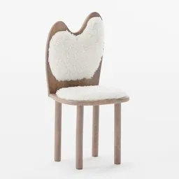"Colina Chair - Handcrafted Solid Wood and Sheepskin Chair by Brazilian artist Lucas Neves. Inspired by Bernt Tunold and Jean Arp. Features heart-shaped cushion and Quixel Megascans texture in detailed white fur. Perfect for interior design in warm wood settings. Created using Blender 3D software."