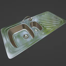 "Double UK Sink for Blender 3D - Budget model with drip tray and detailed texture, inspired by Weiwei and rendered on Unreal 3D. Great for garden environments and first-person view projects. Metallic painted and highly detailed."