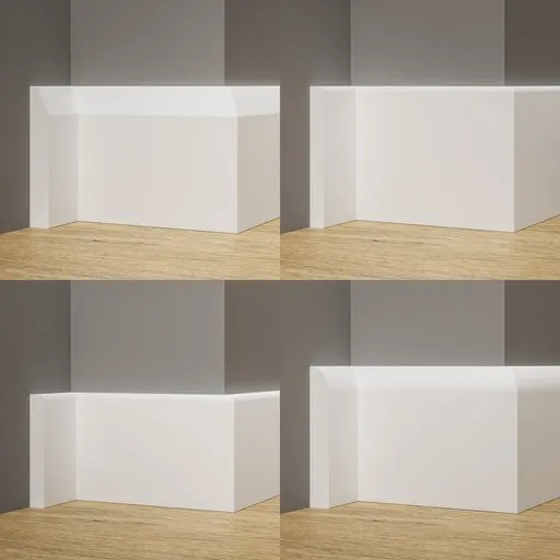 Modern baseboard 3D models for Blender featuring four distinct skirting profiles for architectural visualization.