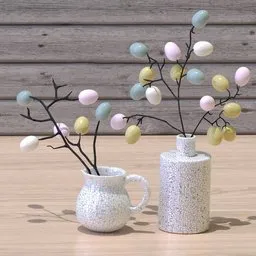 3D-rendered Easter decor with pastel eggs on branches in textured vases, created in Blender.