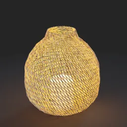 "3D model of a decorative candle lamp with woven design, featuring volumetric and golden dapple lighting, created in Blender 3D. Perfect for bedroom, office, and recreation areas. Featured on ArtStation and Autodesk 3D Rendering. Created by Gloria Stoll Karn, known for her soft lighting sold at auction and expertise in raku and golden thread artworks."