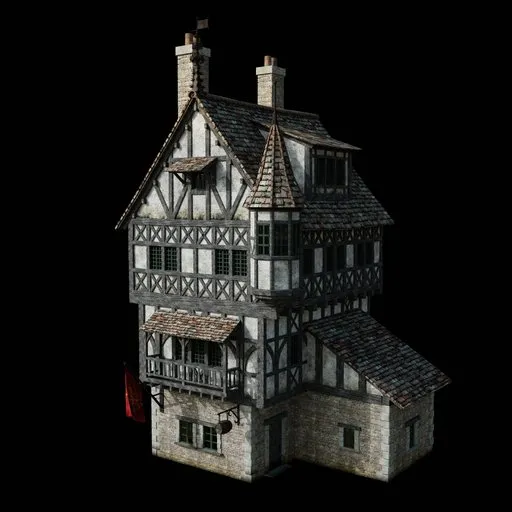 Detailed Blender 3D medieval house model showcasing rustic textures and realistic design for gaming or architectural visualization.