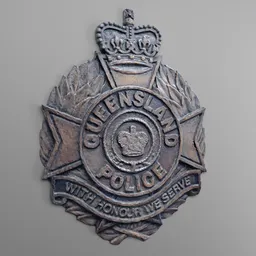 "Highly detailed photo scanned Queensland Police logo in bronze on a wall, optimized for Blender 3D. Created using photogrammetry techniques, this 3D model is perfect for use in law enforcement or crime related projects."