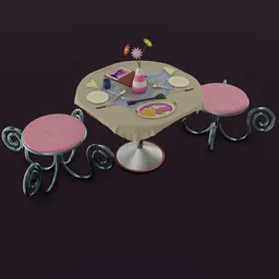 "3D model of a dining table with a cake, accompanied by four stools in a restaurant-bar setting. The iridescent and whimsical Alice in Wonderland inspired design features fuschia skin and is perfect for videogame assets and in-game captures. Created with Blender 3D software."