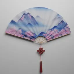 Detailed 3D render of a fan with mountain scenery and cherry blossoms, designed for Blender.