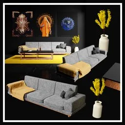 3D-rendered dark-toned room with grey sofa, yellow accents, and wall art, ideal for Blender mockups.