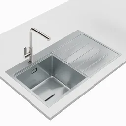 Detailed 3D rendering of a modern stainless steel kitchen sink and faucet, optimized for Blender.