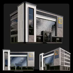 3D Blender model of a modern multi-story building with large windows and a square facade pattern.