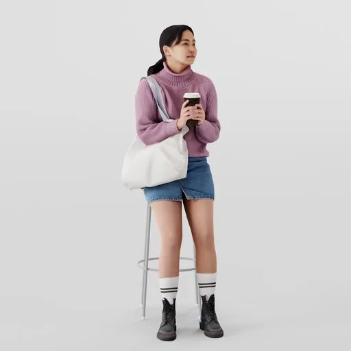 3D model of stylish young woman with coffee and bag, in sweater and denim skirt, for Blender.