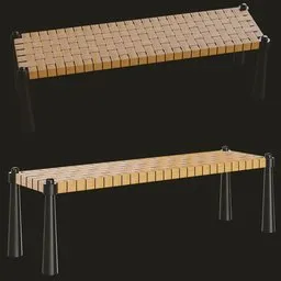 Detailed 3D model of a wooden and rattan bench with pierce-designed mango wood pillars for modern interiors created in Blender.