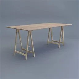 "Photorealistic wooden work table with trestles and independent binding, optimized for Blender 3D. Includes PBR texture for pristine clean design and ease of movement. Ideal for open-space working space and inspired by the art of Petr Brandl."