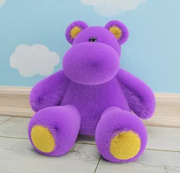 Purple plush 3D hippo with yellow detail, Blender-rendered, ideal for virtual nursery scenes.