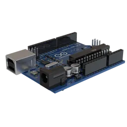 "High-quality 3D model of the industrial exterior computer board, Arduino Uno R3, rendered with Autodesk and Blender 3D software. Features a USB port and connector, making it perfect for any tech or electronics project. Stylized with a monochrome blue image, this 3D model is sure to impress."