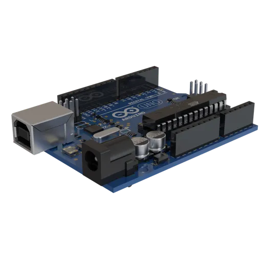 Detailed 3D model rendering of an Arduino Uno R3 placed on a plain surface, showcasing intricate design elements suitable for Blender rendering.