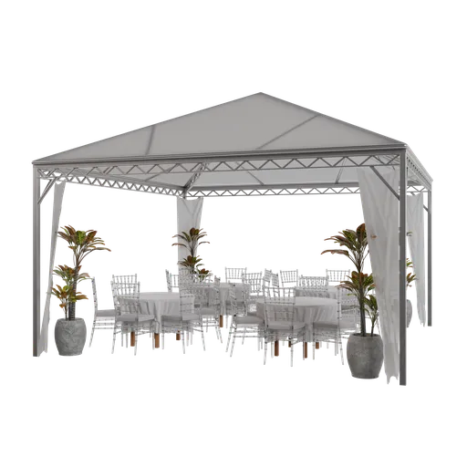 Detailed 3D model of a white wedding tent with chairs and tables, compatible with Blender for event design.