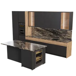 Detailed Blender 3D modern kitchen model with marble countertops and wooden accents, designed in centimeters, rendered with cycles.