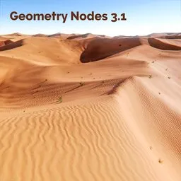 Desert dunes 3D model with sparse greenery, crafted in Blender using Geometry Nodes for outdoor scenes.