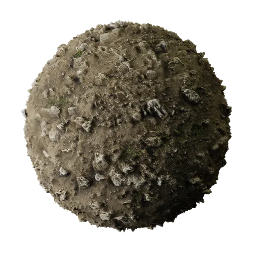 High-resolution PBR texture of dry, stony soil with sparse vegetation for 3D Blender ground-materials.