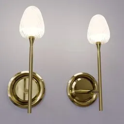 Twin golden wall-mounted lamps with milky white shades, Blender 3D model, decor enhancement.