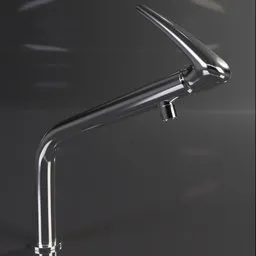 "Kitchen tabletop faucet with metal handle and accurate ray tracing, modeled after Kuroda Seiki's design. Detailed and realistic shape with flowing lines and glass arms, perfect for Blender 3D models."