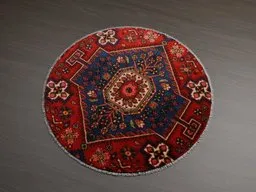 Intricately detailed circular 3D model of a red oriental rug with floral patterns, compatible with Blender rendering.