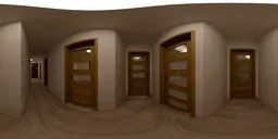 3D-rendered wooden-floored hallway with diverse doors and a far-end window, featuring a 16K texturing for lighting scenes.