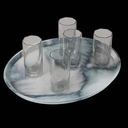 Realistic Blender 3D-rendered model featuring four transparent glasses on a marbled serving tray, ideal for interior design visualization.