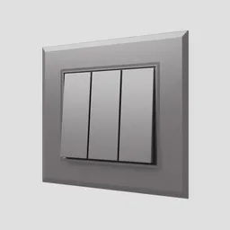 "Three-button light switch with detailed face and black matte finish, modeled in Blender 3D. Perfect for wall light category projects."
