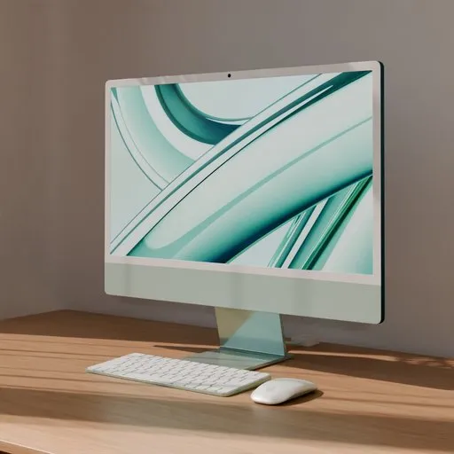 Realistic Blender 3D model rendering of a modern green desktop computer with accessories on a wooden desk.