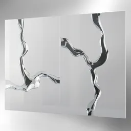 "White glossy wall panels with a metal recess, featuring abstract rippling background, twisted shapes, and metallic skin. Ideal 3D model for Blender 3D enthusiasts seeking hyperrealism in their designs."
