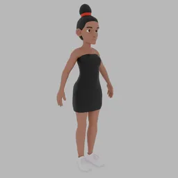 Stylized 3D female character model with a simple black dress and white sneakers, compatible with Blender.