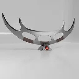 Detailed 3D model of a Bat’leth with stand and emblem, featuring leather grips, ideal for Blender 3D military-sci-fi renderings.