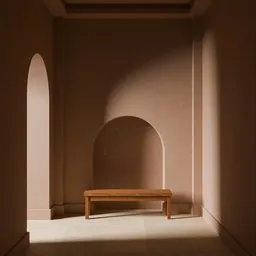 Minimalist 3D-rendered scene with a wooden bench in a sunlit arched hallway, suitable for Blender.