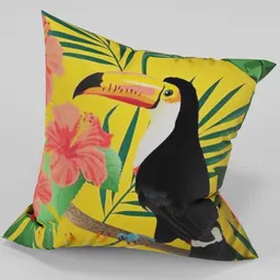 Colorful 3D modeled tropical toucan cushion with vibrant flora for Blender rendering projects.